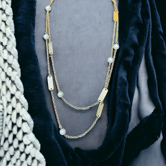 Vintage Braided Twist Curb Link Rope & Faux Pearl Station Set Opera Necklace - Picture 4 of 4